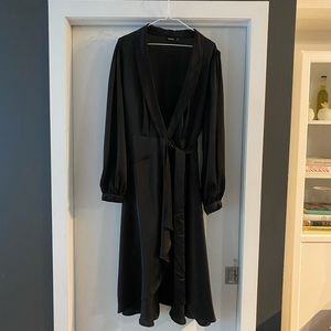 Black Satin Wrap Midi Dress